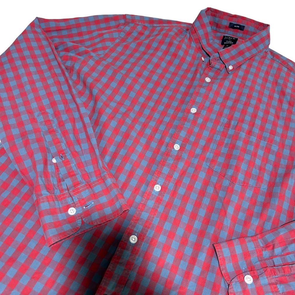 J.Crew Button Down Shirt Mens XL Red Blue Gingham Slim Fit Flex Washed LS